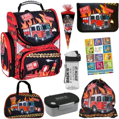 Produktbild von Feuerwehr Firefighters Schulranzen Grundschule ergonomischer Ranzen Federmappe Federtasche Federmäppchen ohne Inhalt Turnbeutel Brotdose Trinkflasche Zuckertüte Sporttasche Aufgabenheft 8er Set Fire