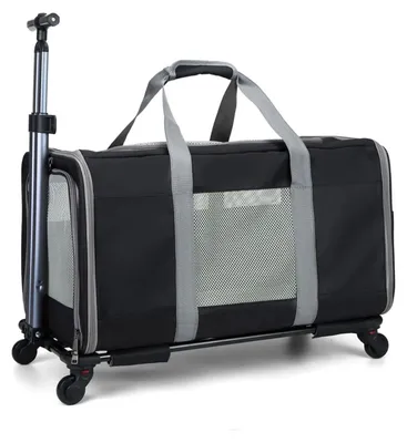 Produktbild von Tiertransporttasche - 3-in-1 faltbarer Haustier-Trolley - Atmungsaktiv - Flugstandard - 4 abnehmbare Universalräder - Für Katzen oder mittelgroße Hunde - Schwarz