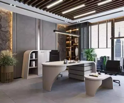 Produktbild von Weißes Büro Set Chef Schreibtisch Oval Couchtisch Aktenschrank Regal 3tlg.