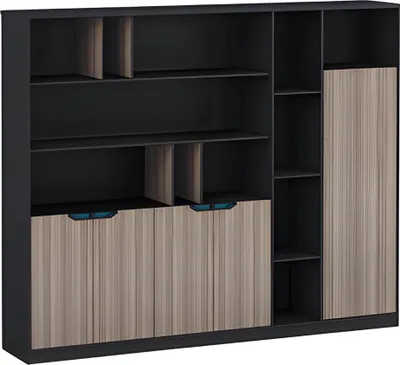 Produktbild von Büroschrank Regalwand Holzoptik Braun Schwarz Türen Fächer Ordner Modern Blau