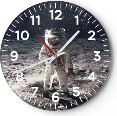 Produktbild von Wanduhr - Rund - Glasuhr - Mond Erde Astronaut - 30x30cm - Schleichendes Uhrwerk - Lautlos - zum Aufhängen bereit - Dekoration Modern - Wanddekoration aus Glas - C4AR30x30-4882