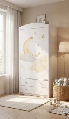 Produktbild von Babyschrank / Kinderschrank mit süßem Motiv, Garderobe für Kinderzimmer Weiß/Bunt, 2 Türen & Schubladen (88x187 cm)