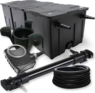 Produktbild von SunSun kompletná sada: CBF-350C rybníkový filter do 90000L ako prietokový filter, NEO10000 rybníkové čerpadlo 10000l/h 80W, CUV-672 rybníkový odkalovač 72W, 25m rybníková hadica 25 mm, SK-40 skimmer 3000l/h 60W