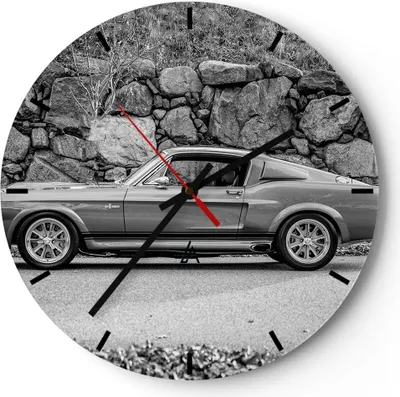 Produktbild von Wanduhr - Rund - Glasuhr - Auto Ford Mustang - 40x40cm - Schleichendes Uhrwerk - Lautlos - zum Aufhängen bereit - Dekoration Modern - Wanddekoration aus Glas - C3AR40x40-5011