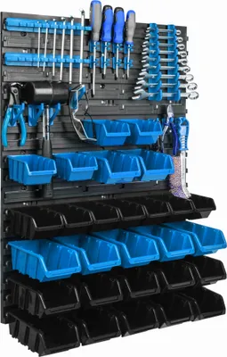Immagine prodotto di Pannello porta attrezzi da appendere 58x78cm con 28 pezzi. Scatole blu montate a parete con set di supporti in plastica