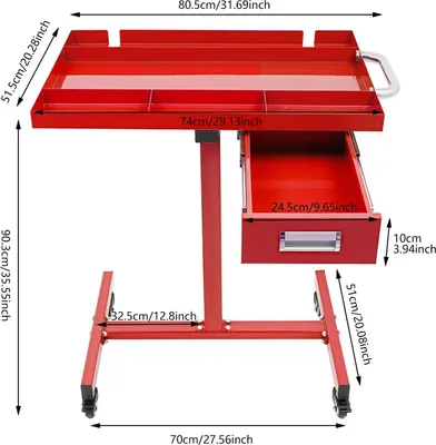 Obrázok produktu pre Mobilný úložný vozík na náradie – pracovný stôl s zásuvkou – nosnosť 100 kg – zásuvka 24,5×42,5×10 cm – stojací model vhodný do garáže/dielne – červený