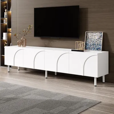 Produktbild von TV-Lowboard mit dreidimensional geschwungenen Linien, 4 Türen, 2 separaten Stauräumen & stabilen Metallfüßen, MDF in Weiß, 180x35x49cm
