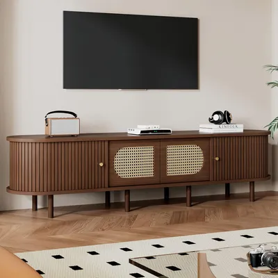 Obrázek produktu pro Nízká skříňka pod TV Merax s ratanovým designem, skříňka pod TV se 2 dvířky a 2 roletovými dvířky, stojan pod TV z MDF, až 80 palců, ořech
