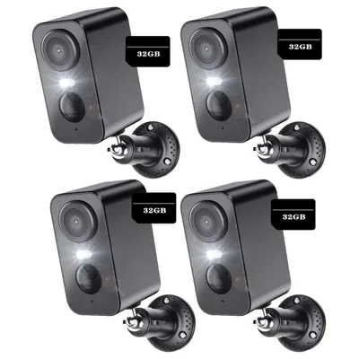 Image de 4 X caméra de surveillance extérieure 2,4 GHz WLAN extérieur, vision nocturne couleur, détection de mouvement, audio 2 voies Carte mémoire 32 Go