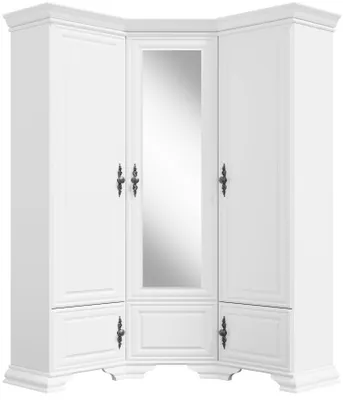 A white corner wardrobe with three doors, one of which has a mirror.