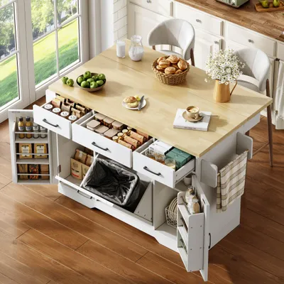 Produktbild von Mobile Kücheninsel 120x45(70)x87, klappbare Arbeitsplatte, Stauraum, Müllschrank, Gewürzregal, Schublade, Rollen.