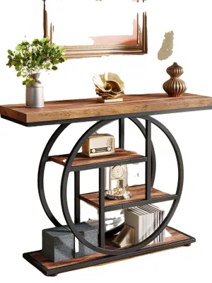 Imagen del producto de Mesa consola, con 4 niveles de almacenamiento, diseño industrial, color marrón oscuro