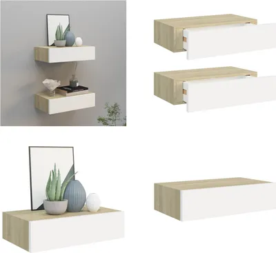Produktbild von vidaXL Wandregale mit Schubladen 2 Stk. Eichen Optik Weiß 40x23,5x10cm - Schubladenregal - Schubladenregale - Wandregal - Wandregale