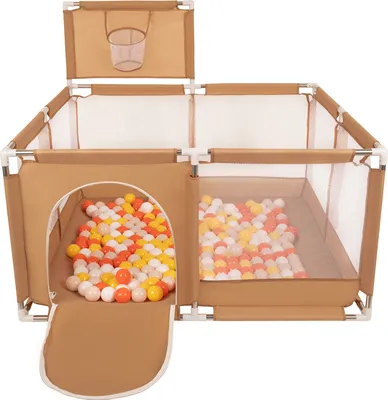 Produktbild von Selonis Laufstall Mit Korb Und 100 Bälle Laufgitter Für Kinder, Beige:Gelb/Orange/Pastellbeige/Weiß
