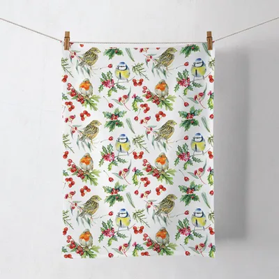 Produktbild von Küchentuch Baumwolle 50x70cm mit Wintervögel & Zweige Motiv Weiß