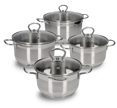 A set of four stainless steel pots with glass lids, arranged diagonally on a white background.