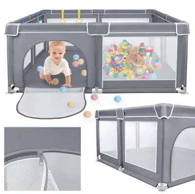 Imagen del producto de QEENTOE: Barrera de seguridad para parques infantiles, ideal para crear un espacio de juego seguro para bebés en interiores (gris oscuro, 150x180 cm), con cierre de cremallera