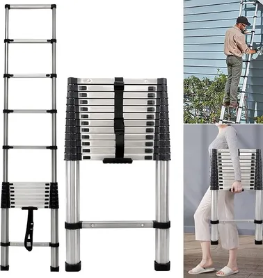 Imagen del producto de Escalera telescópica de acero inoxidable, plegable, de 3,8 metros, ideal para uso doméstico, vehículos recreativos y áticos. Escalera extensible ligera, con capacidad de carga de 150 kg