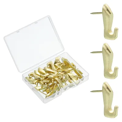 Produktbild von 30 Fotohaken mit Reißzwecken, Zinklegierungs-Aufhängenägel, Reißzwecken, Haken mit Nägeln für Wand und Holzpaneele, goldfarben