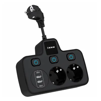 A black power strip with multiple outlets and USB ports, shown against a white background.
