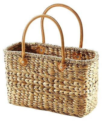 Produktbild von Korbtasche aus Wasserhyazinthe mit Ledergriffen - 38x16x24 cm - Handgefertigte Strand- und Einkaufstasche, vielseitig einsetzbar, zeitloses Design