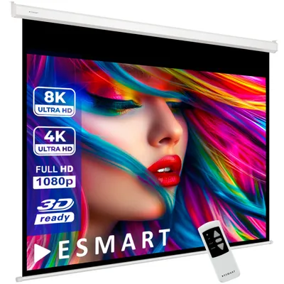 A projection screen displaying a colorful image of a woman's face, with resolution and feature badges, and a remote control.