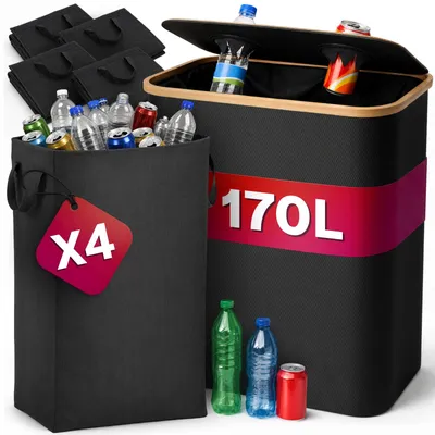 Produktbild von Kuketo | Pfandflaschen-Sammelbehälter 170 l – 2 Fächer – 4 herausnehmbare Taschen – faltbar mit Deckel