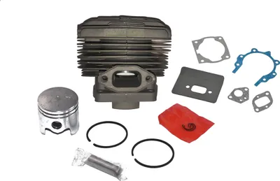 A collection of engine parts, including a cylinder, piston, rings, and gaskets, laid out on a white background.