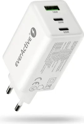Immagine prodotto di Caricabatterie everActive GaN con 1 porta USB e 2 porte USB-C, Quick Charge 4+, 65 W, bianco