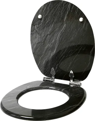 A black toilet seat with a granite-like pattern, shown open.
