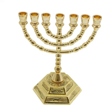 Produktbild von Goldfarbener Menora-Kerzenhalter mit 7 Zweigen, Jerusalem-Tempel, 12 Staemme Israels, Menora mit Aaron-Stab, Mannagefaess und Tafeln, 13 cm Hoehe, antiker Chanukka-Kerzenstaender fuer juedische Feiertagsparty-Dekoration