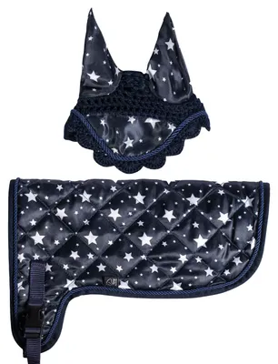 Produktbild von HKM Hobby Horse Set - Print - Sterne-Blumen-Herzchen – Decke & Fliegenhaube Farbe - Navy mit Sternen