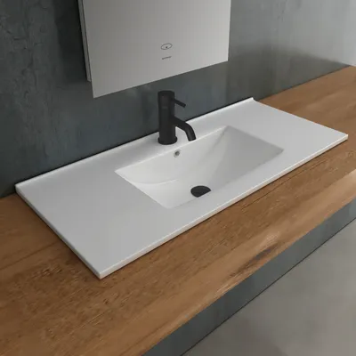 Produktbild von Alpenberger Gäste WC Waschbecken 90 cm Breit | Waschtisch Einbauwaschbecken | Aufsatzwaschbecken Eckig | Waschplätze | Handwaschbecken mit Keramik Versiegelung Nano und Überlauf