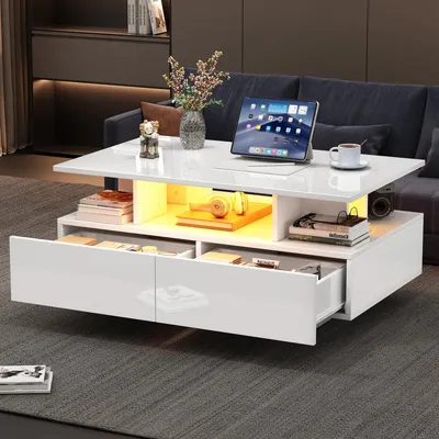 Produktbild von Weißer Hochglanz Couchtisch 90x55x41 cm mit 2 Schubladen und LED