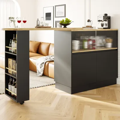 Produktbild von Flieks Esstisch Bartisch 360°drehbar, Küchentisch Esszimmertisch ausziehbar, Kaffeebar mit Schrank, Stehtisch Sideboard mit Glasschiebetür, Schwarz
