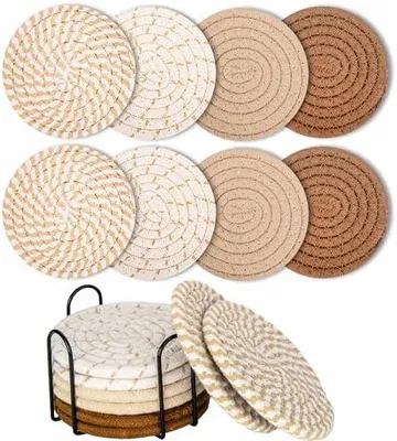 Produktbild von 8 STK Untersetzer Gläser, Glasuntersetzer Rund für Gläser, Tassenuntersetzer mit Halter, Getränkeuntersetzer, rutschfest Tischuntersetzer Geflochtenes Baumwolle für Getränke Tassen Glas (Gelb)