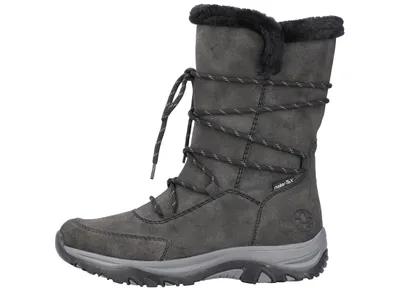 A side view of a gray winter boot with black fur trim and gray laces.