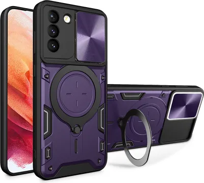 Produktbild von Handyhülle für Samsung Galaxy S21 5G Dual-Layer Stoßfest Rüstung Hülle mit Dia Kameraschutz und Kreisförmig Ring Ständer Lila