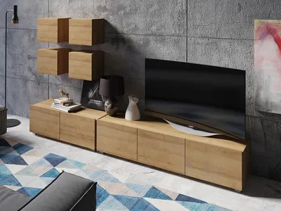 Produktbild von Wohnwand CALABRINI-18 Wohnzimmer-Set Hängewohnwand Schrankwand Schrank TV-Schrank Moderne Anbauwand (Goldene Eiche)
