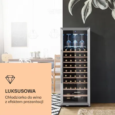 Zdjęcie produktu dla Klarstein Chłodziarka do wina, Wąska lodówka na napoje, lodówka ze szklanymi drzwiami, Wolnostojące chłodziarki, Mała chłodziarka do wina, 1 strefa, Ochrona UV, 4-18 °C, 46 butelek
