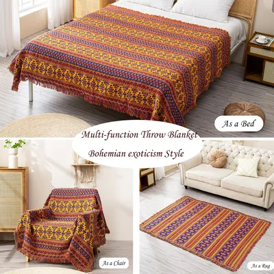 Immagine prodotto di Coperta decorativa, 90 x 210 cm, 100% cotone, tessuta a mano, lavorata a maglia, con frange, ideale per il soggiorno