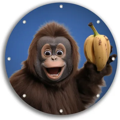 Produktbild von Wallario rundes Outdoor-Poster für Garten oder Balkon, Motiv Lustiger Affe mit Bananen, 30 cm Durchmesser