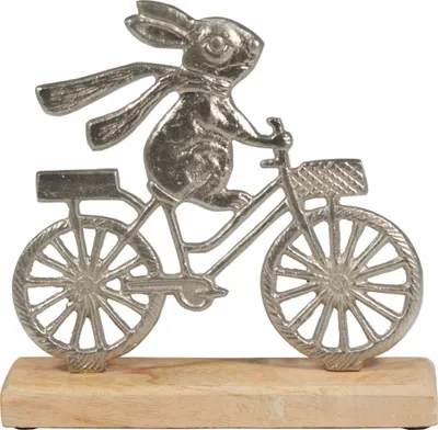 Produktbild von Deko Metall Hase Fahrrad Rad Holzsockel Garten Osterhase Oster Figur Skulptur