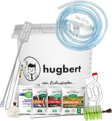 A collection of items for winemaking, including a large fermentation bucket, tubing, a hydrometer, various packets of additives, and cleaning brushes.