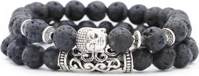 Produktbild von 2-teiliges Armband mit Buddha Kopf, Naturstein, Damen Herren, J0252 Lava
