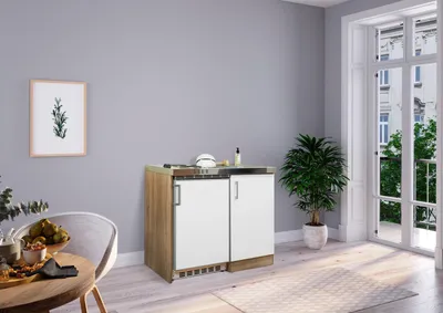 Zdjęcie produktu dla Kuchenka, minikuchenka, kuchenka jednoelementowa, kuchenka w zabudowie, kolor: dąb, biały, model Levin 100 cm, z podwójną miską gotującą, MK100ESWS, producent: Respekta