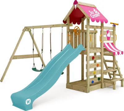 Produktbild von WICKEY Spielturm VanillaFlyer türkis Holz mit Schaukel, Rutsche, Sandkasten, Leiter, Picknicktisch und Gerader Kletterwand