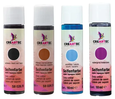 Produktbild von CREARTEC Seifenfarben Opak 4er Set (Schwarz, Rotbraun, Aubergine, Azurblau) 40ml - Inhalt jeweils 10ml - zum Herstellen farbenfroher Seifen