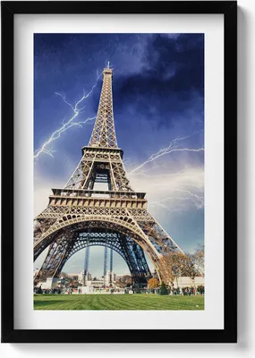 Produktbild von Eiffelturm, Blitze und Sturm– Wandbild mit Rahmen – Gerahmtes Bild  – Wanddekoration – 40x60 cm –  Schwarz