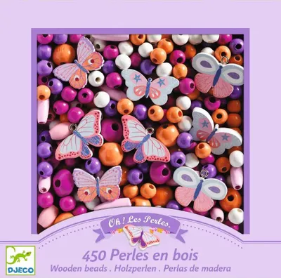 A top-down view of a collection of colorful wooden beads and butterfly charms.